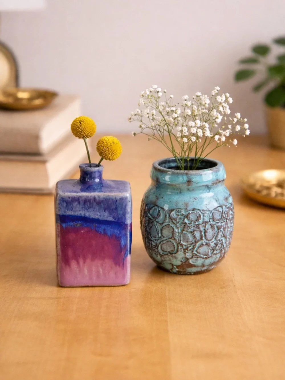 Signed Studio Pottery Bud Vase Pair Turquoise Drip Glaze Handmade